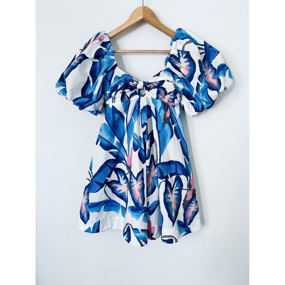 Farm Rio Blue Macaw Leaves Puff Sleeve Knot Front Mini Dress XS Tropical Cotton